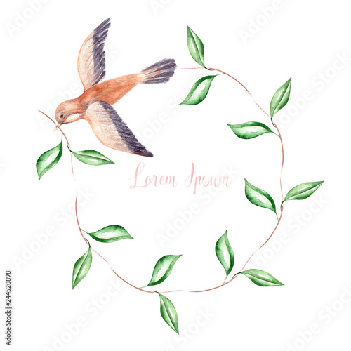 Beautiful Watercolor wreath with spring flowers, leaves and bird.