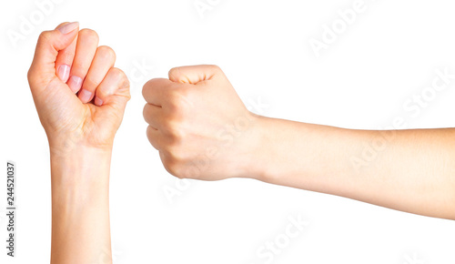 Set of woman clenched fist. Concept of unity, fight or cooperation