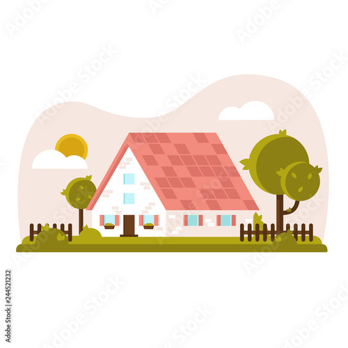 modern cozy house in flat style for sale or rent with green garden and lawn. vector illustration isolated from background
