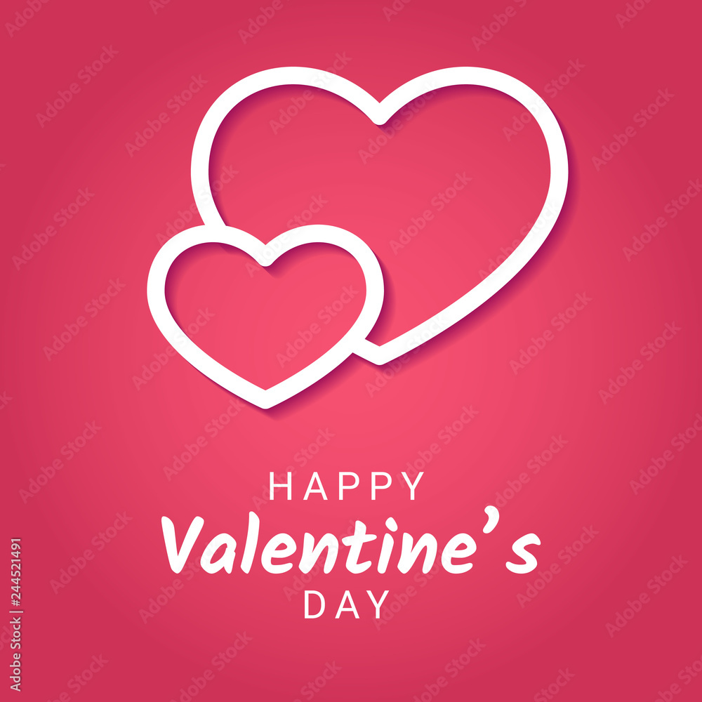 Valentine Day congratulation banner with line symbol of two hearts on pink gradient background.