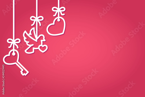 Valentine Day horizontal template with line symbols of heart, key and dove hanging on ribbons with bow.
