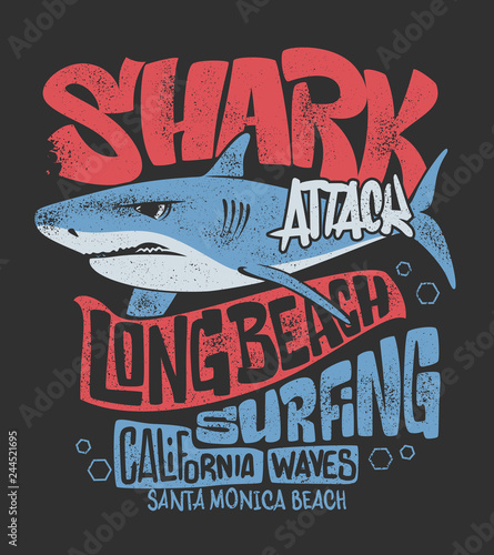 Shark t-shirt surf print design, vector illustration