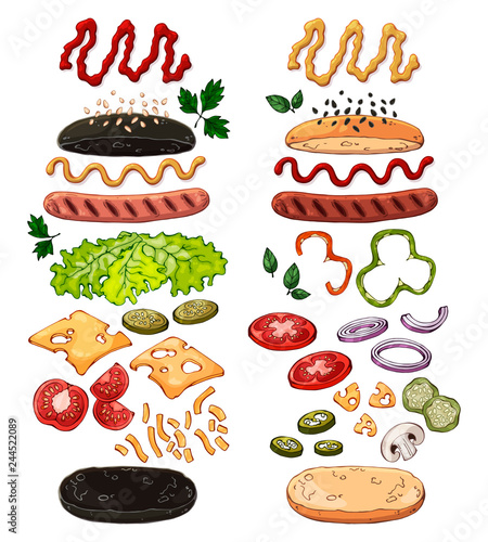 Group of vector colorful illustrations on the fast food theme; set of products for cooking hotdogs. Isolated objects for your design.
