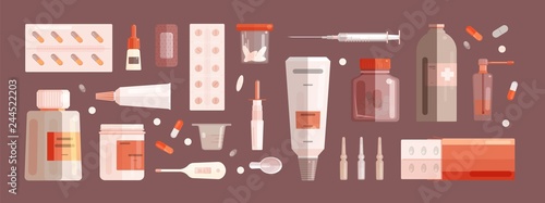 Collection of medical tools and medications isolated on white background - pills in blisters and jars, mixtures in bottles, patch, nasal spray, ointment in tube. Flat cartoon vector illustration.