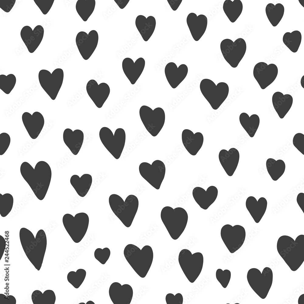 Fototapeta premium Cute seamless pattern with black hand drawn hearts. Monochrome lovely vector texture with doodle heart shapes for St. Valentines wrapping paper design, cover, surface, wallpaper, textile