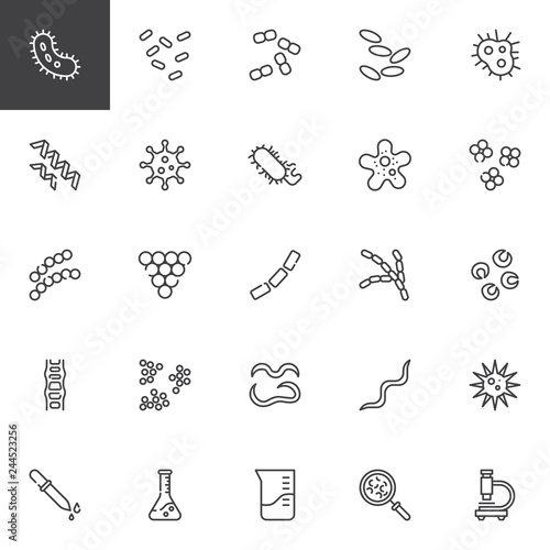 Bacteria and viruses line icons set. linear style symbols collection, outline signs pack. vector graphics. Set includes icons as Cocci Bacteria microorganism, Bacillus Staphylococcus, Microscope