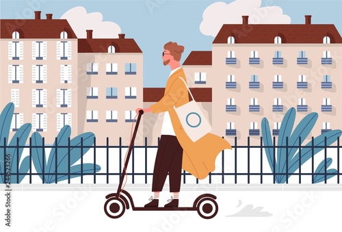 Happy young man riding motorized or electric kick scooter along city street. Smiling hipster guy using modern vehicle or type of transportation. Colorful vector illustration in flat cartoon style.