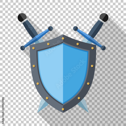 Shield and two crossed swords icon in flat style with long shadow on transparent background