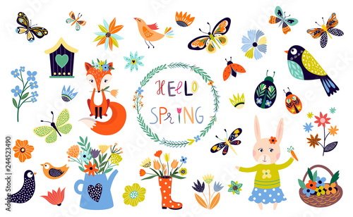 Spring time elements collection with hand drawn  seasonal items