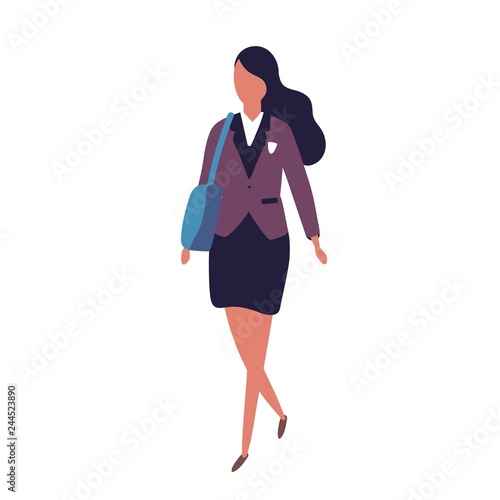 Cute funny young teenage girl dressed in uniform walking to school. Portrait ...