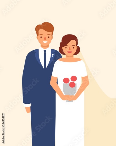 Wedding portrait of cute happy pair of young smiling bride and groom dressed in elegant clothing