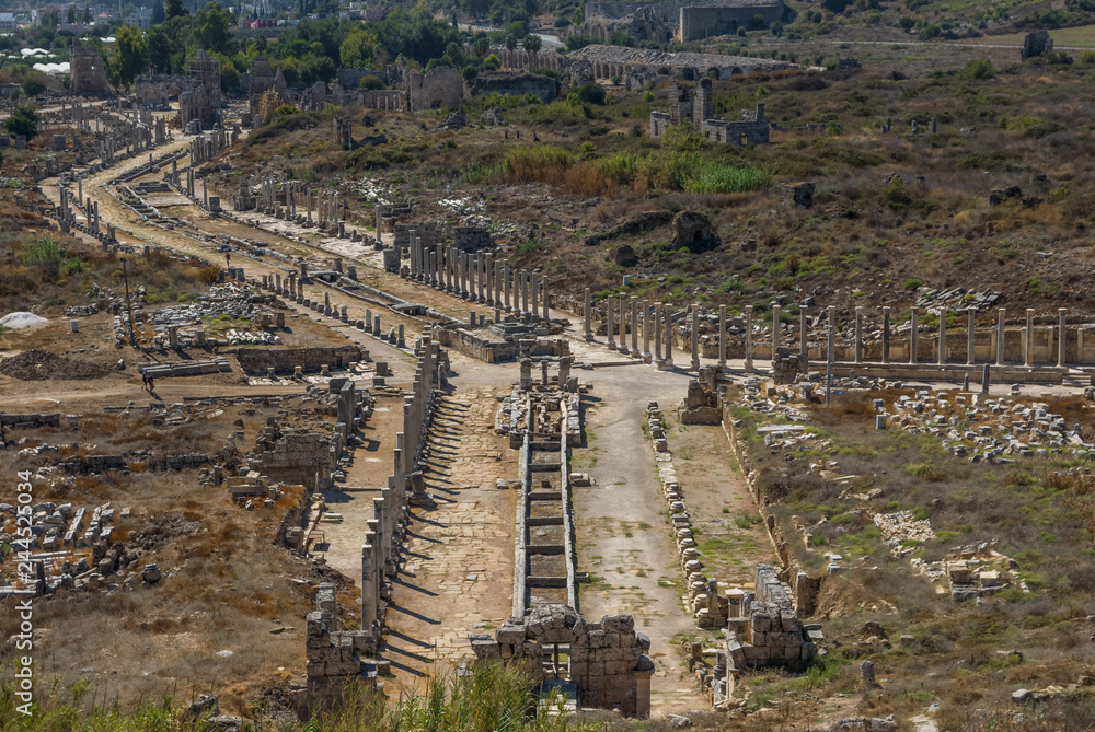 Obraz premium Perga, Turkey - displaying a very well preserved Roman amphitheatre, together with wonderful Greek agora, stadium and nymphaeum, Perga is a major tourist attraction in Southern Turkey