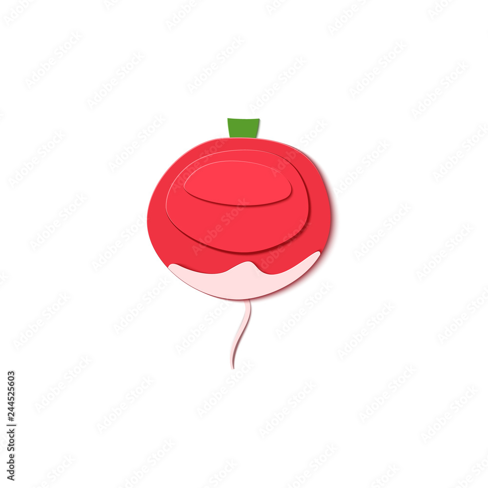 Paper cut style red radish. Vector paper cut design in the form of ripe whole root for design of food packaging, Vector illustration. Paper applique art style root vegitable. Origami concept Paper cut style red radish. Vector paper cut design in the form of ripe whole root for design of food packaging, Vector illustration. Paper applique art style root vegitable. Origami concept
