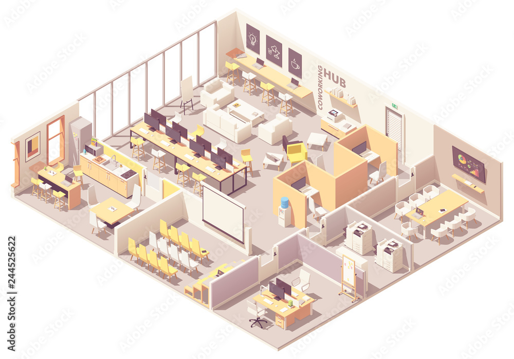 Vector isometric coworking space interior plan - obrazy, fototapety, plakaty 