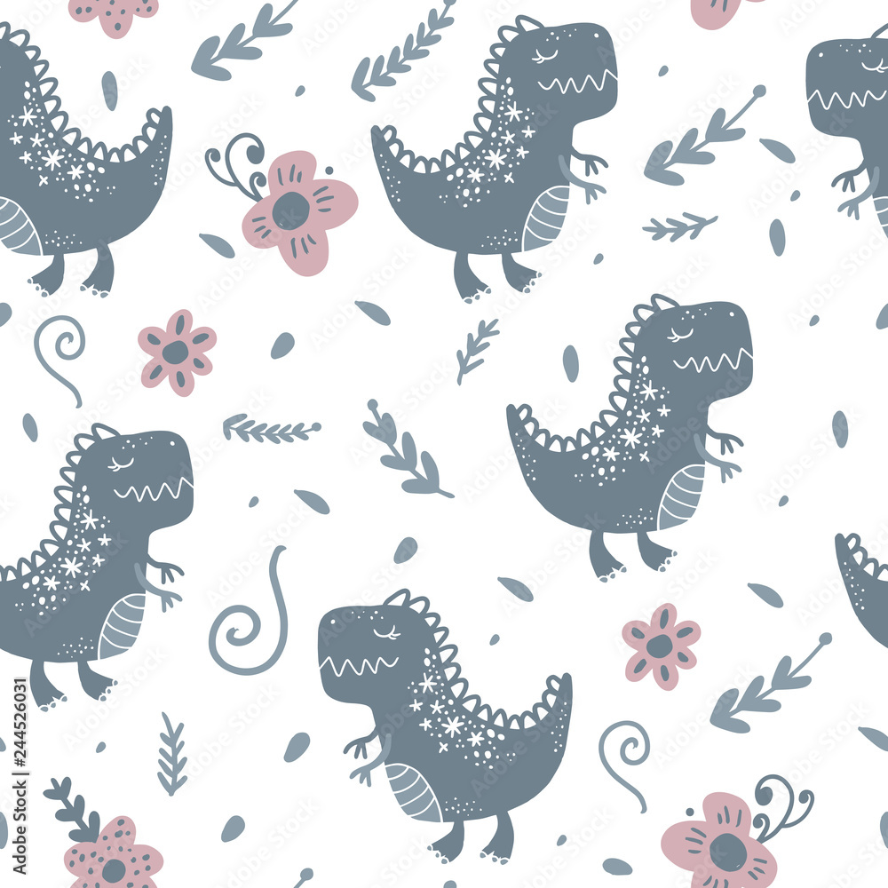 Vector cute baby dinosaur pattern. Nursery illustration