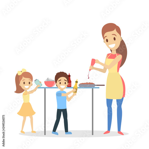 Mother and daughter cooking at home. Homemade bakery