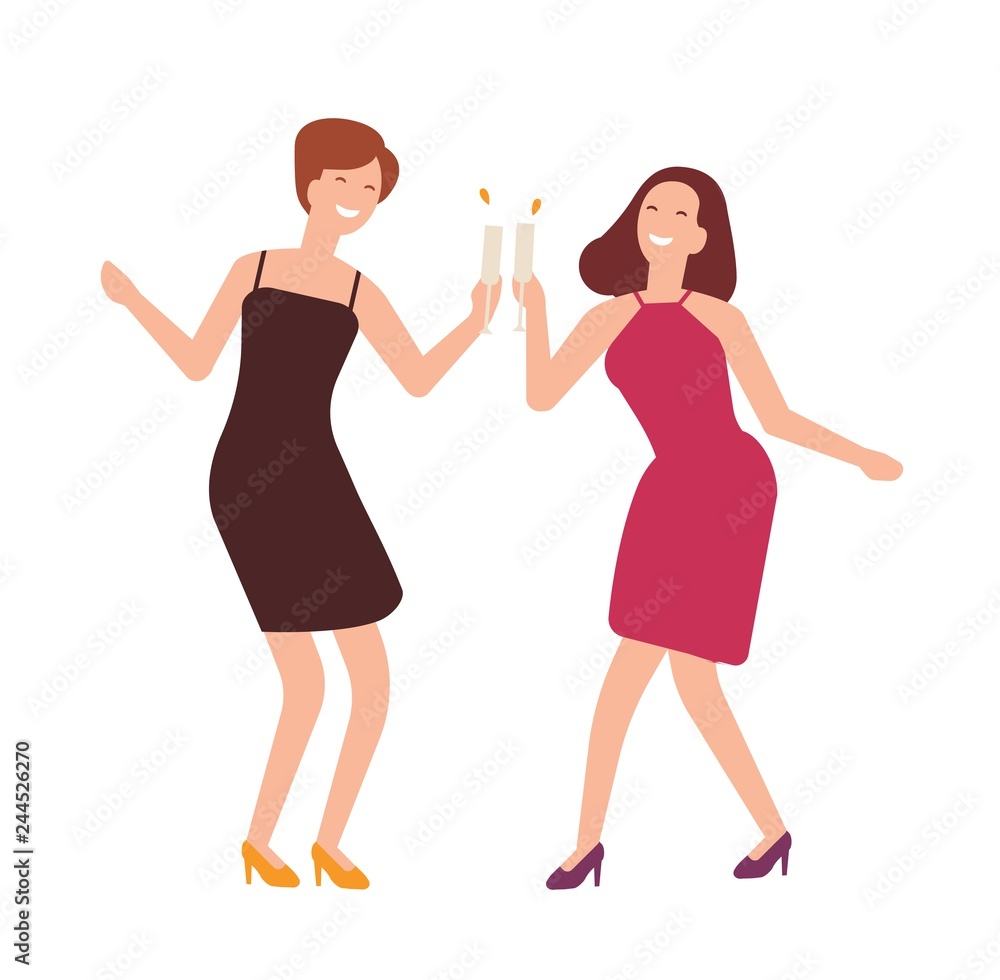 Pair of joyful women celebrating birthday. Happy girls clinking glasses and drinking cocktails at celebratory party. Flat cartoon characters isolated on white background. Colored vector illustration. Pair of joyful women celebrating birthday. Happy girls clinking glasses and drinking cocktails at celebratory party. Flat cartoon characters isolated on white background. Colored vector illustration.