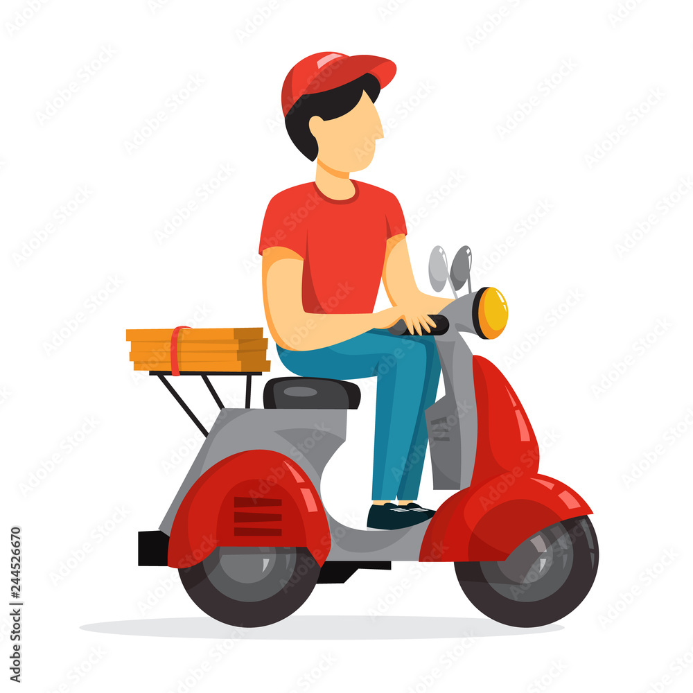Delivery service concept. Courier with pizza on moped Delivery service concept. Courier with pizza on moped