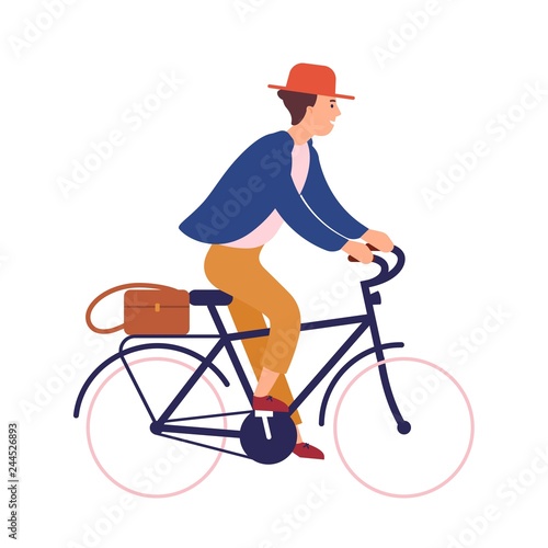 Happy young man or boy wearing casual clothes and hat riding bike. Smiling ma...