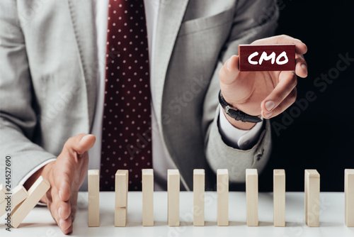 partial view of businessman holding brick with 'cmo' word and preventing wooden blocks from falling photo