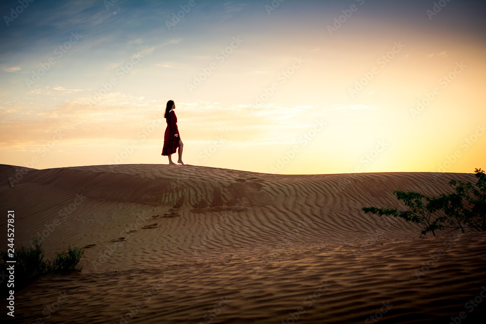 Woman watching sunset in a desert silhouette