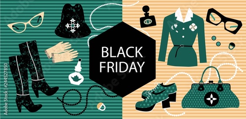 Sale banner. Fashion store. Fashionable womens clothing and accessories with a Black friday  banner