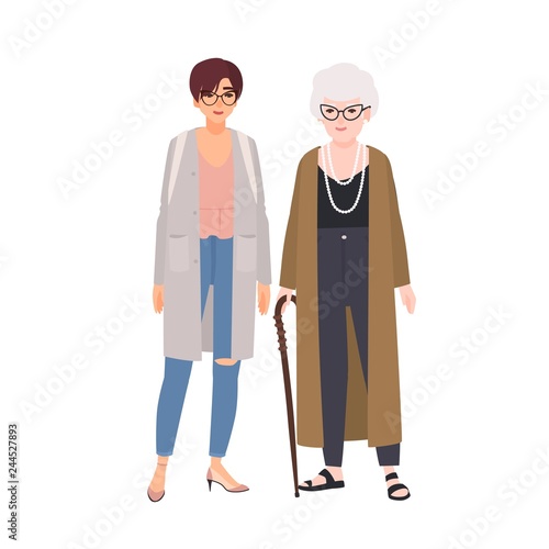 Funny grandmother and granddaughter standing and talking. Happy old lady and young teenage girl having fun together. Cute grandparent and teen grandchild. Flat cartoon colorful vector illustration.