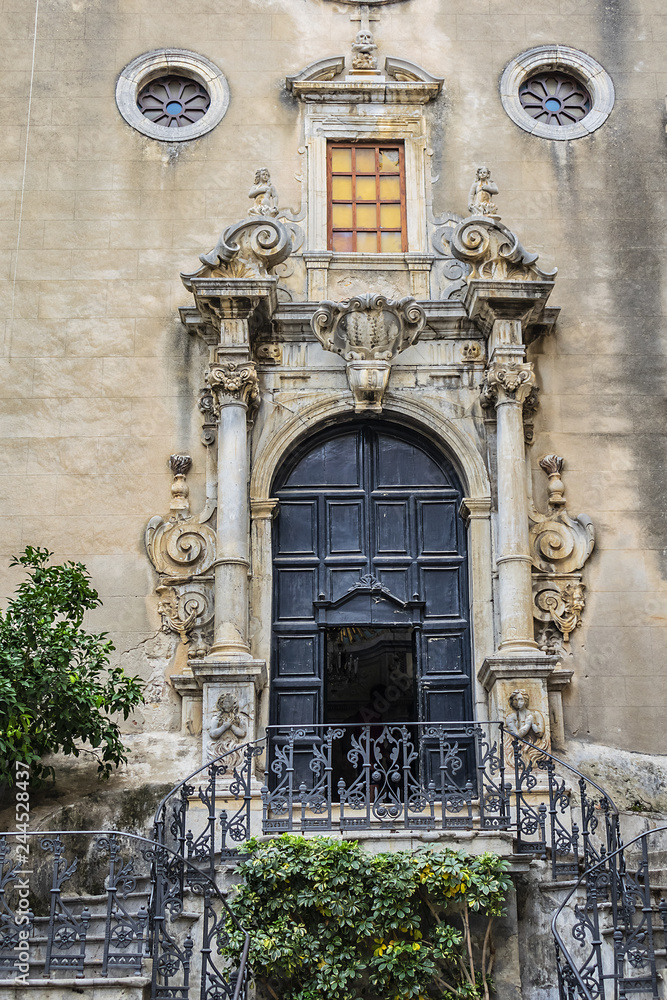 Carved Baroque portal of Santo Stefano Church also known as church of Purgatory (Chiesa del Purgatorio, 1668) at Piazza Giovanni in Cefalu, Sicily, Italy.