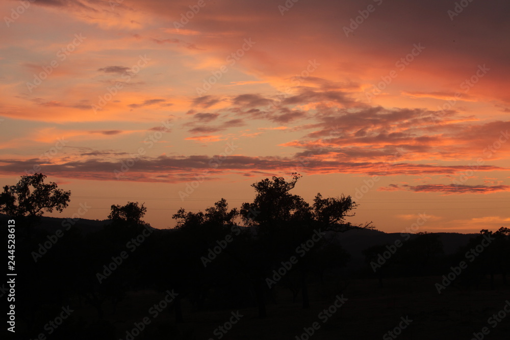 Tramonto arancione con silhouette di collina, Siviglia, Spagna