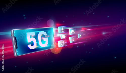 New 5th generation of internet, 5G network wireless with High speed connection online gaming, downloading, online music and movies on smartphone concept. Vector
