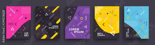 Covers Template Design of Modern Memphis Style. Set of Trendy Bright Geometric Shapes and Dots for Presentation, Magazines, Flyers, Social Media Templates. Vector EPS 10