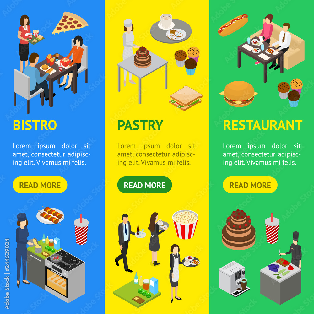 Fototapeta premium Restaurant Cafe or Bar Personnel People 3d Banner Vecrtical Set Isometric View. Vector