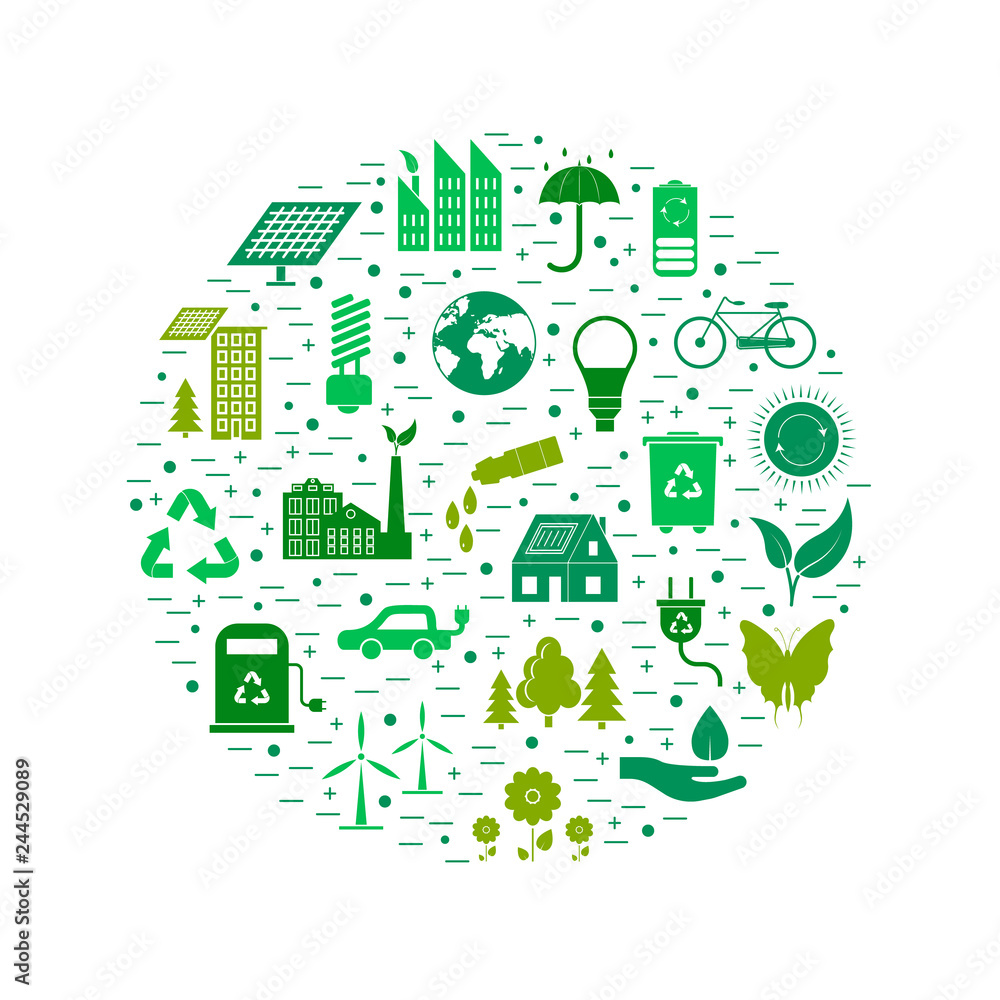 Cartoon Ecology Signs Green Round Design Template. Vector Cartoon Ecology Signs Green Round Design Template. Vector
