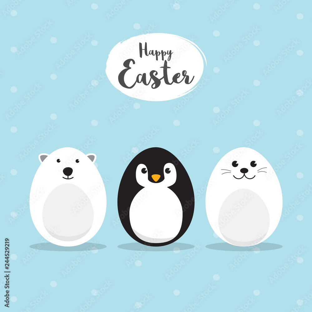 Fototapeta premium Egg Shaped animals Character Set for Easter day, Easter eggs paint. A Cute Polar Bear, Penguin, Baby Seal Pup character on sky blue background Flat design vector illustration.