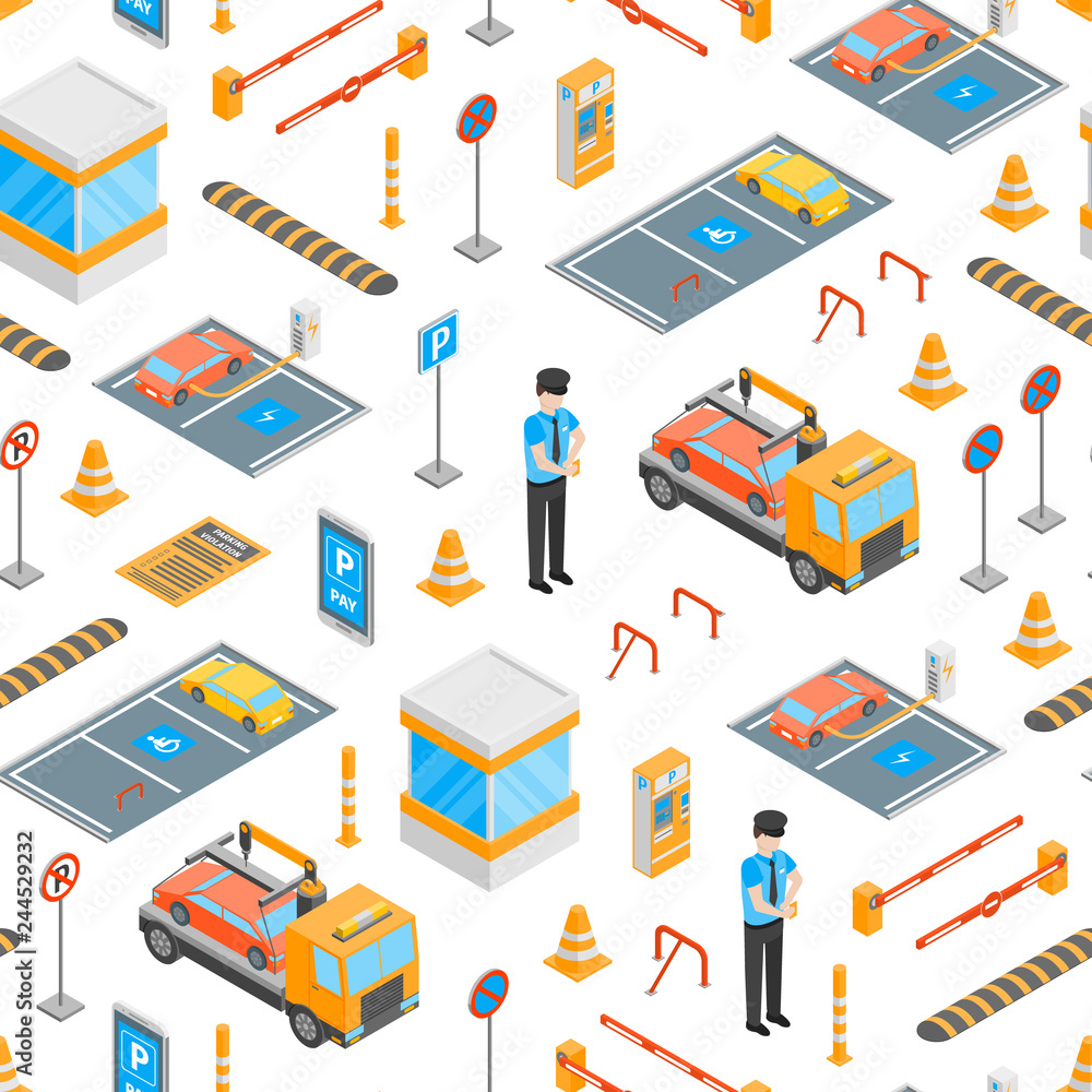 Parking Signs 3d Seamless Pattern Background Isometric View. Vector Parking Signs 3d Seamless Pattern Background Isometric View. Vector