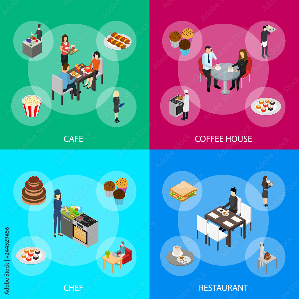 Restaurant Cafe or Bar and People 3d Banner Set Isometric View. Vector Restaurant Cafe or Bar and People 3d Banner Set Isometric View. Vector
