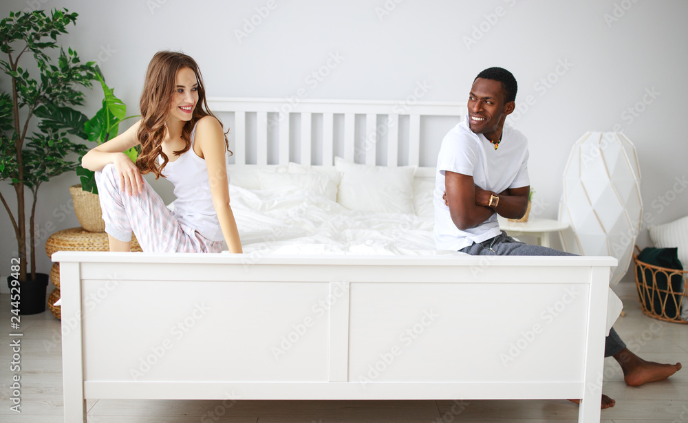 happy couple in love on winter morning in bed