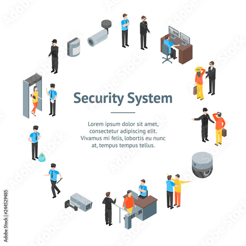 Security System People and Equipment 3d Banner Card Circle Isometric View. Vector