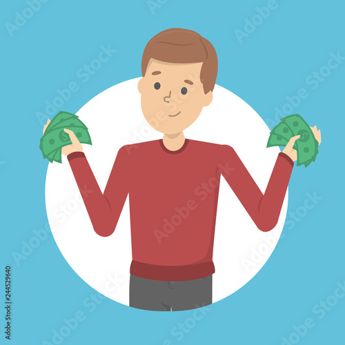 Man with money. Happy successfull man hoding money