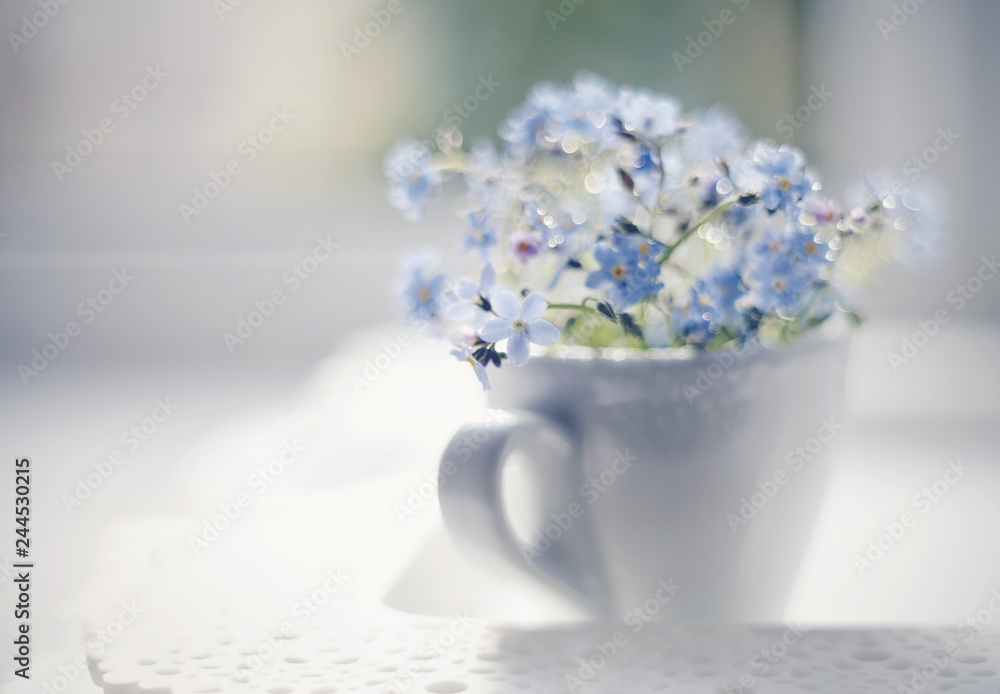 Blue flowers of a forget-me-not in a cup in a window on a lacy tray. Blue flowers of a forget-me-not in a cup in a window on a lacy tray.