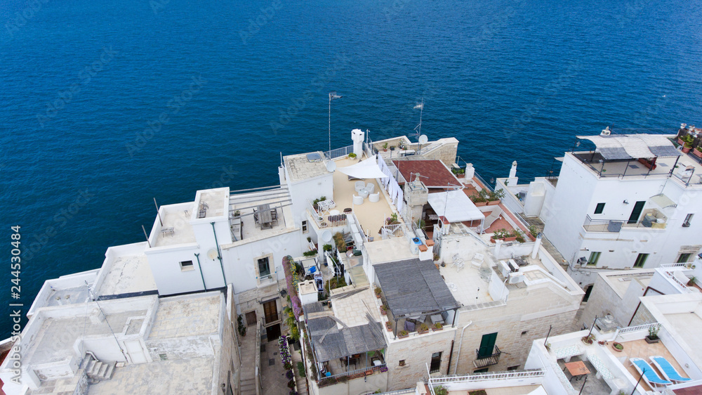 Obraz premium Beautiful view of old town in Polignano a Mare in Italy. Houses and buildings built on cliffs next to ocean or sea. Luxury lifestyle at the edge of the world. Concept of travelling and summer holidays
