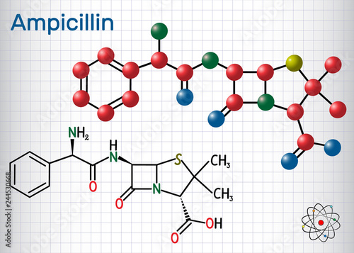 Ampicillin drug molecule. It is beta-lactam antibiotic. Sheet of paper in a cage. Structural chemical formula and molecule model