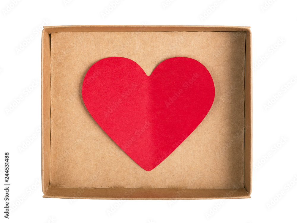 Red paper heart in box isolated on white background. Flat lay. Top view Red paper heart in box isolated on white background. Flat lay. Top view