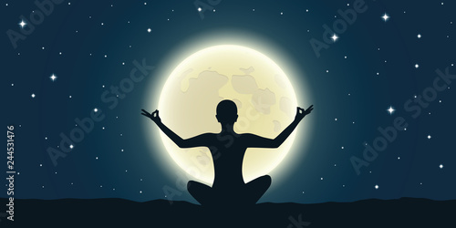 peaceful meditation at full moon and starry sky vector illustration EPS10