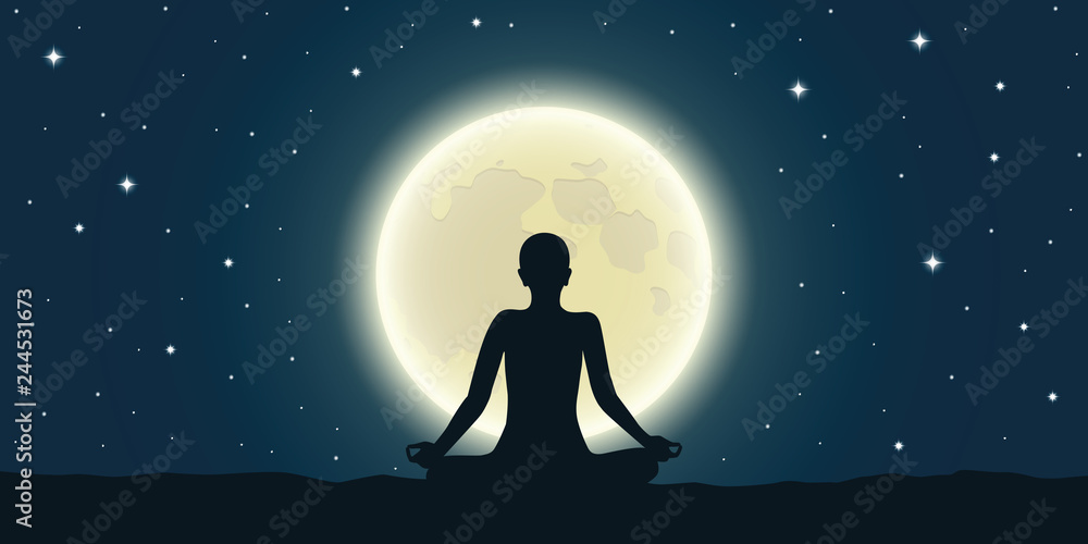 peaceful meditation at full moon and starry sky vector illustration EPS10