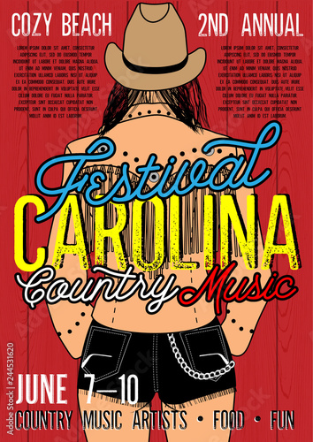 Country Music Festival Poster with Sexy Country Girl In Short Jean Shorts And Plaid Shirt.