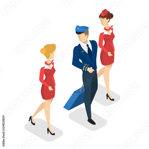 Airplane crew in uniform going with the baggage.