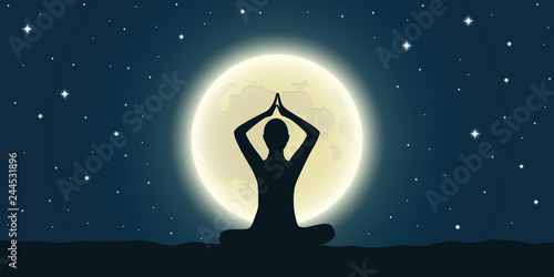 peaceful meditation at full moon and starry sky vector illustration EPS10