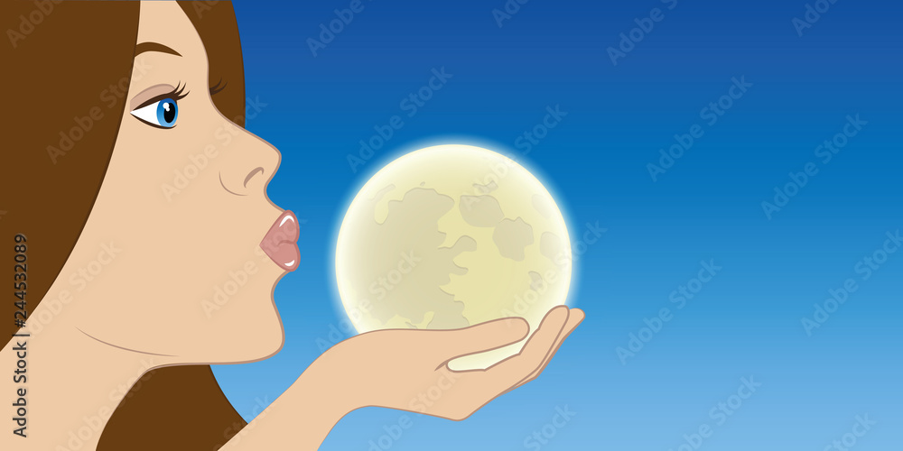 Naklejka premium beautiful young girl want to kiss the full moon vector illustration EPS10
