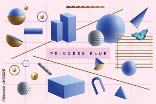 Fun blue and golden 3D geometric objects floating on a pink background